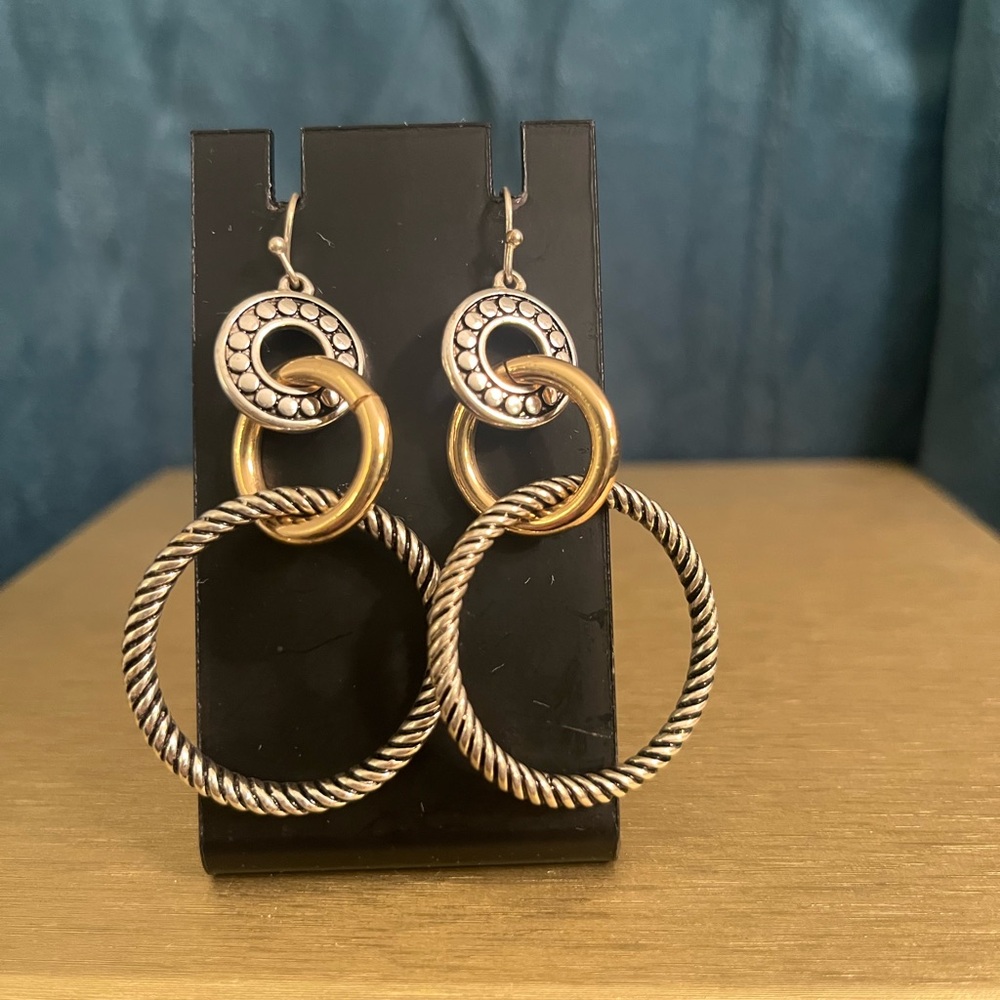 Two Tone Gold Silver Hoop Dangle Earrings Textured Statement